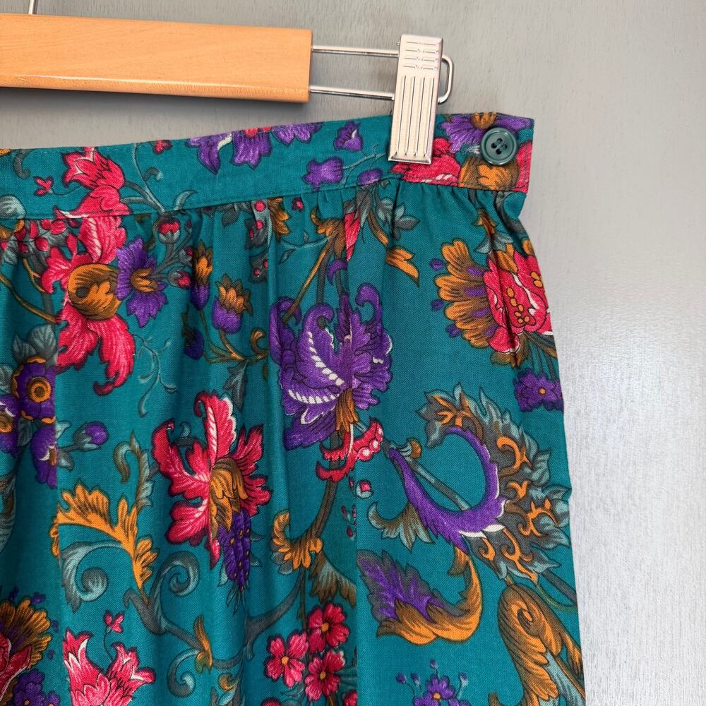 Vintage ALFRED DUNNER Women's 16 Green/Blue Floral Full Midi Retro Skirt 90's - Picture 8 of 9